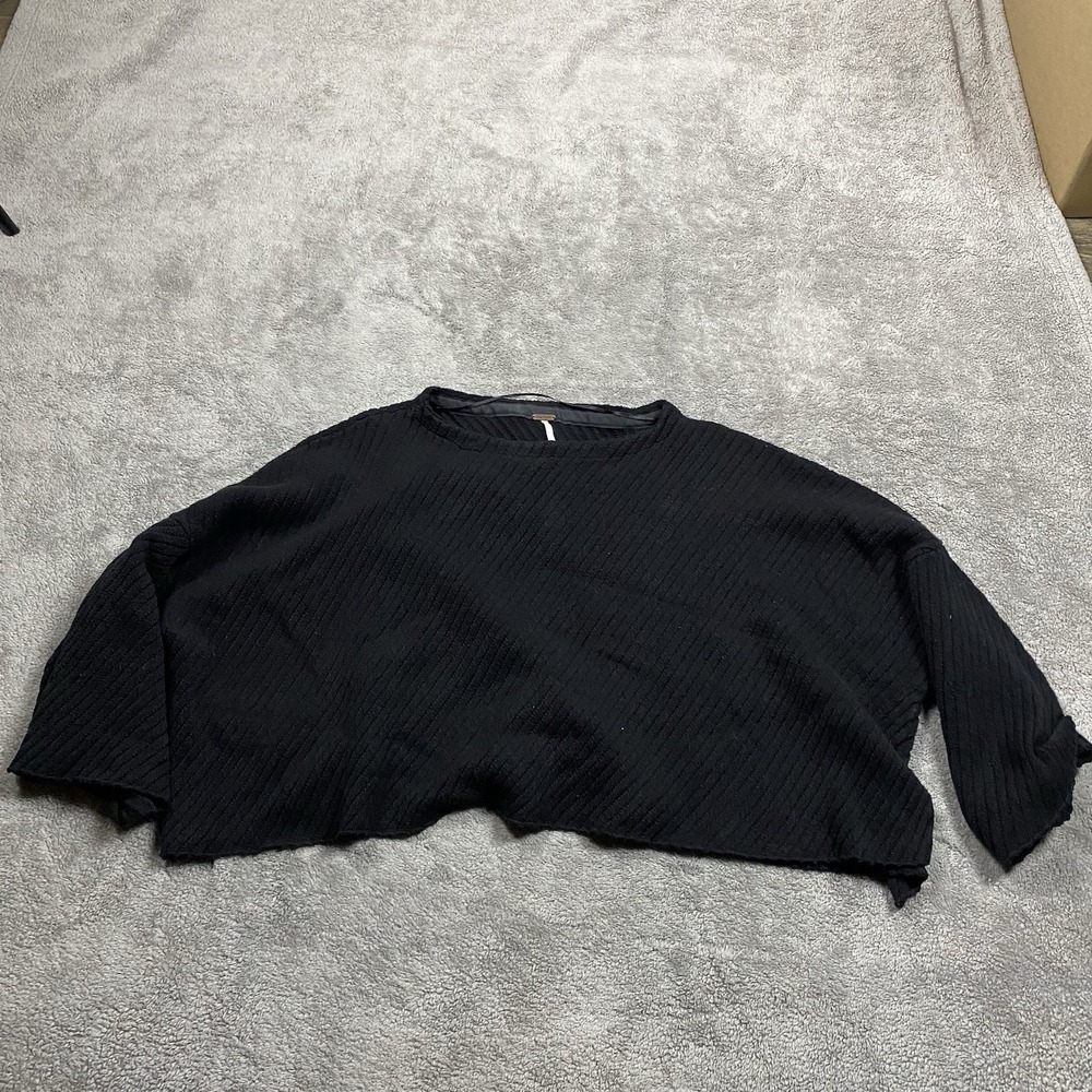 Free People Wide Sweater Womens Small Black Crewneck Cropped Balloon Sleeve Knit